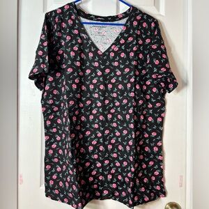 Woman Within Black and Pink Short Sleeve V neck Tee